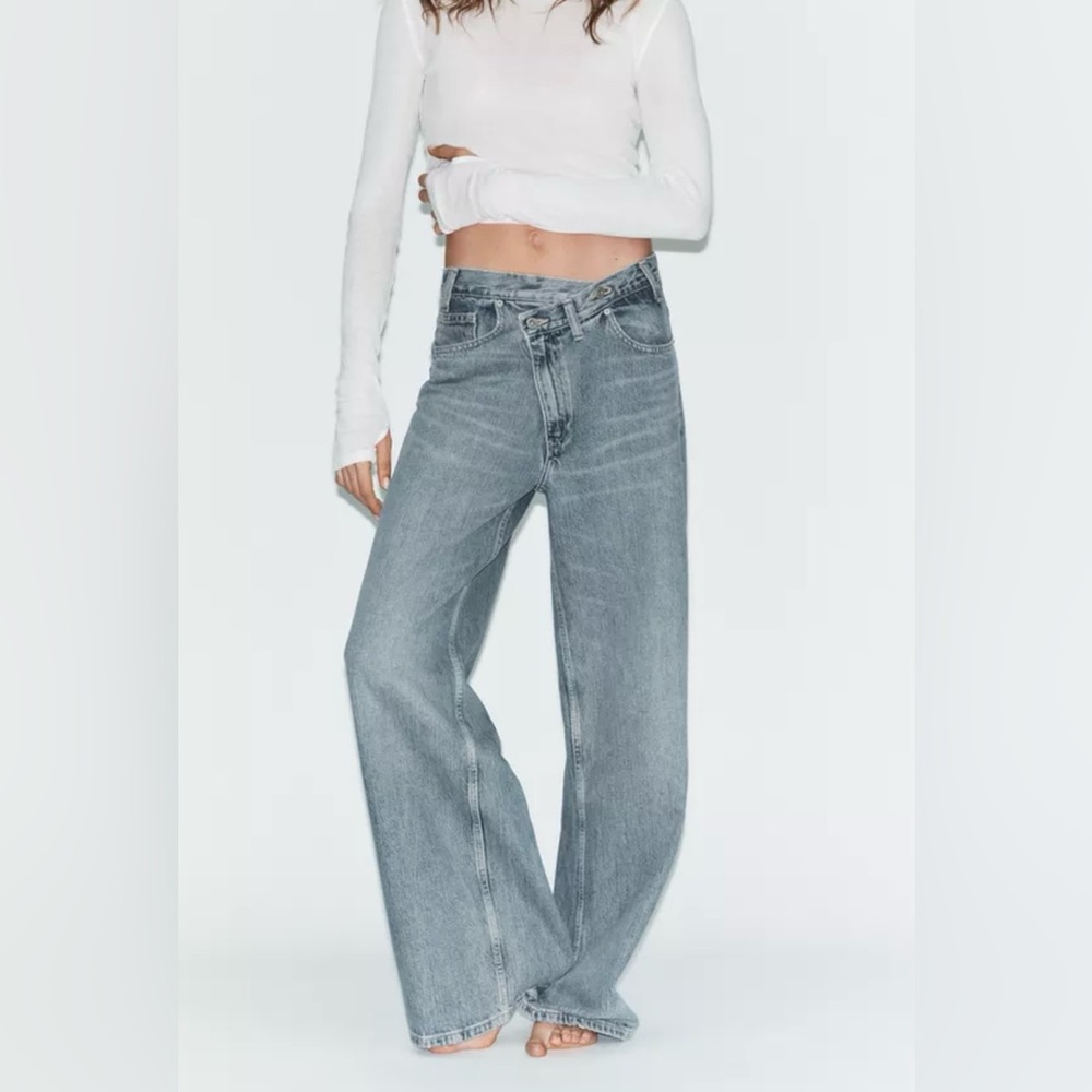 Zara Extra Long Wide Leg High Waisted Crossover Jeans NWOT